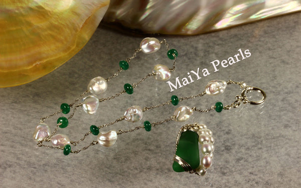 Necklace - Rare Beautiful Emerald (natural) & Keshi Pearl FW
