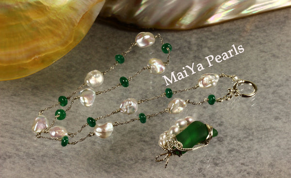 Necklace - Rare Beautiful Emerald (natural) & Keshi Pearl FW