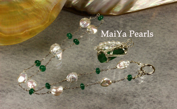 Necklace - Rare Beautiful Emerald (natural) & Keshi Pearl FW