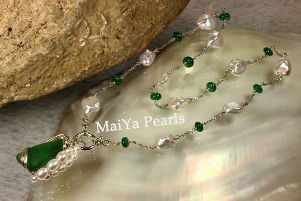 Necklace Rare Beautiful Emerald natural Keshi Pearl FW MaiYa Pearls