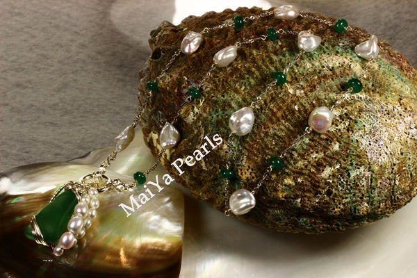 Necklace - Rare Beautiful Emerald (natural) & Keshi Pearl FW