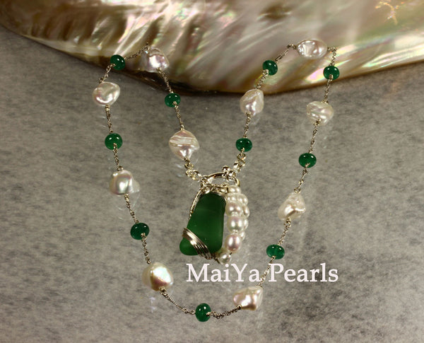 Necklace - Rare Beautiful Emerald (natural) & Keshi Pearl FW