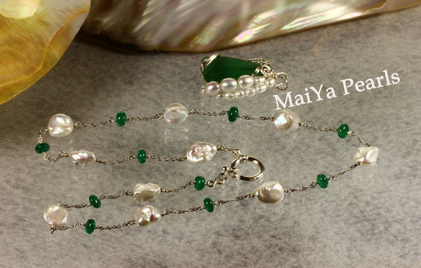 Necklace - Rare Beautiful Emerald (natural) & Keshi Pearl FW