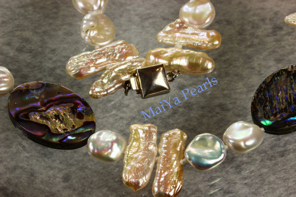 Necklace - Paua Sea Shell Natural & Cultured White Keshi Pearls, Peach