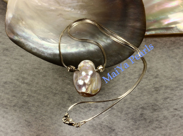 Necklace - Lavender Blister Pearl on 925 Sterling Silver 8-Sided Snake Chain