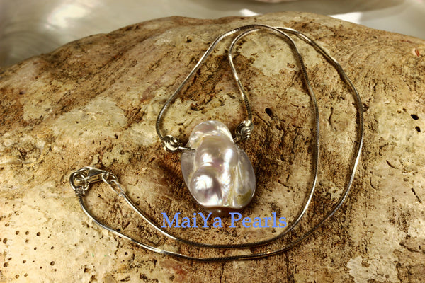 Necklace - Lavender Blister Pearl on 925 Sterling Silver 8-Sided Snake Chain