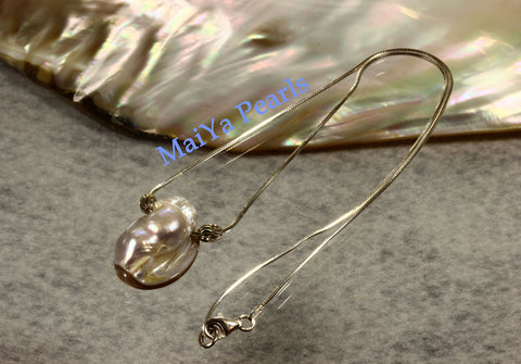 Necklace - Lavender Blister Pearl on 925 Sterling Silver 8-Sided Snake Chain