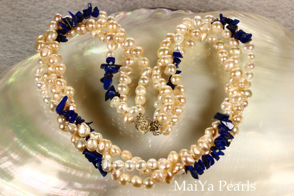 Necklace - 3-Strand Twisted Pearls with Lapis