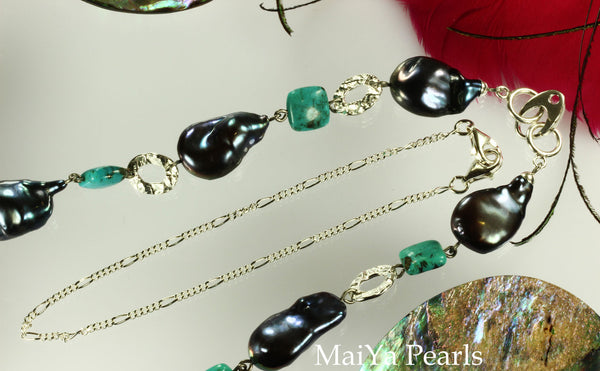 Necklace - Convertible Large Purplish Navy Blue Pearl Nuggets & Square Turquoise