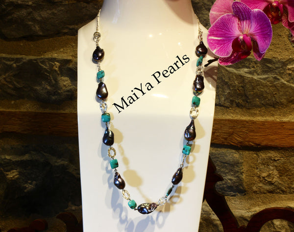 Necklace - Convertible Large Purplish Navy Blue Pearl Nuggets & Square Turquoise