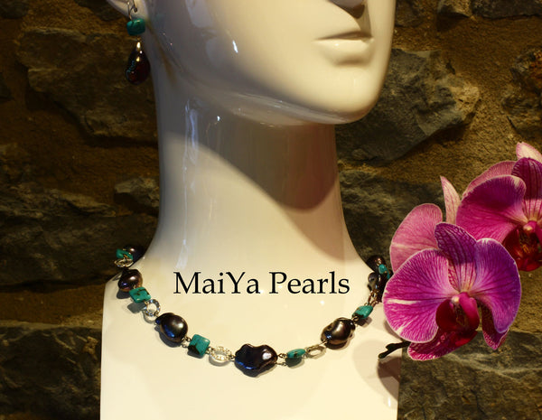 Necklace - Convertible Large Purplish Navy Blue Pearl Nuggets & Square Turquoise