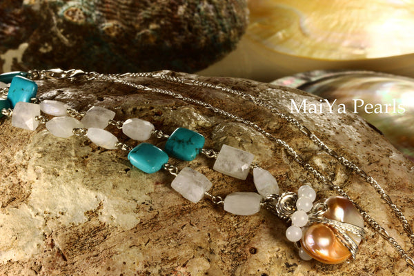 Necklace - Square Moonstone & Turquoise with Wire Sculpted Pearl Charm
