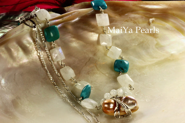 Necklace - Square Moonstone & Turquoise with Wire Sculpted Pearl Charm