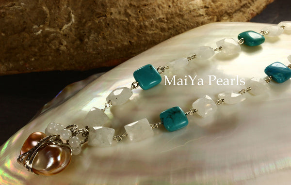 Necklace - Square Moonstone & Turquoise with Wire Sculpted Pearl Charm