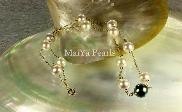 Necklace - Stunning  AA+ Tahiti Black Pearl & Fine White Freshwater Pearl 14k Gold Chain