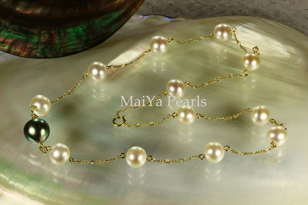 Necklace - Stunning  AA+ Tahiti Black Pearl & Fine White Freshwater Pearl 14k Gold Chain