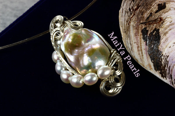 Pendant Wire Sculpted Iridescent Multi color Large Baroque Pearl Lav MaiYa Pearls