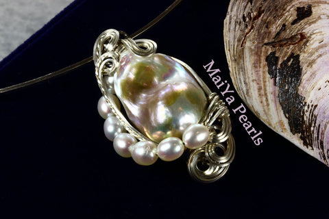 Pendant - Wire Sculpted Iridescent Multi-color Large Baroque Pearl Lavender