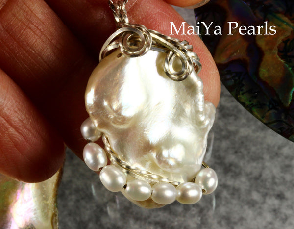 Pendant - White Keshi Pearl & SS Wire Wrapped