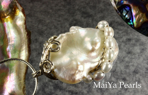 Pendant - White Keshi Pearl & SS Wire Wrapped